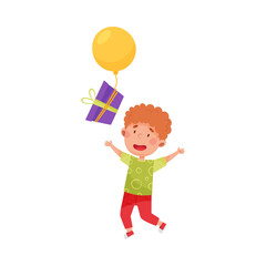 Cheerful Boy Character Catching Gift Box with Balloon Vector Illustration