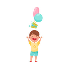 Cheerful Boy Character Catching Gift Box with Balloon Vector Illustration