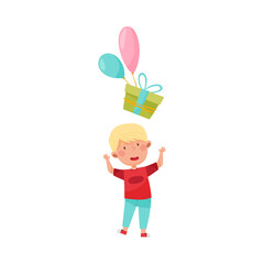Cheerful Boy Character Catching Gift Box with Balloon Vector Illustration