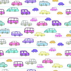 Seamless pattern of urban vehicles. Cartoon transportation background for kids. Doodle children toy cars illustration.