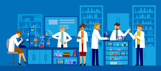 Illustration of scientists men and woman working at science lab Chemical experiment lab testing flat vector illustration Scientists in white lab coats analyzing liquid in tubes lab cartoon characters
