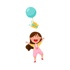 Cute Girl Character Catching Gift Box with Balloon Vector Illustration