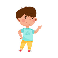 Dark Haired Boy Character Pointing at Something with His First Finger Vector Illustration
