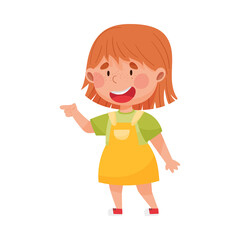 Fototapeta premium Smiling Girl Character with Red Hair Pointing at Something with Her First Finger Vector Illustration