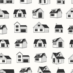 Various Outline Small and tiny houses. White walls, black windows. Different facades. Scandinavian style. Hand drawn Vector seamless Pattern. Background, wallpaper