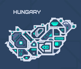 Abstract futuristic map of Hungary. Mechanical circuit of the country. Technology space background.
