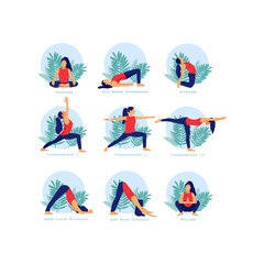 advertising, asanas, balance, body care, boost immune system, collection, concept, downward dog, exercise, exercise class, exercise woman, female fitness silhouette, female silhouette, fitness, flat, 