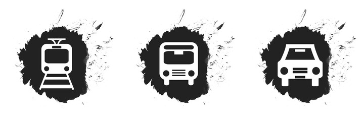 Schwarze Kleckse mit Verkehrsmittel Icons: Bahn, Bus und Auto