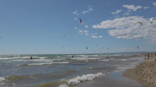 Beaches full of kitesurfers. Fregene, Italy.