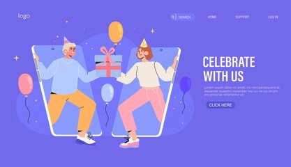 People share gift or present and greeting on company or website birthday or anniversary banner, website, web landing page. Social media milestone vector illustration with trendy cartoon characters.