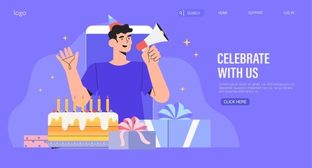 Man in smartphone speaking in megaphone. Company, social media group or blog anniversary celebration with gifts and cake. Birthday party invitation banner, web or landing page with trendy characters.