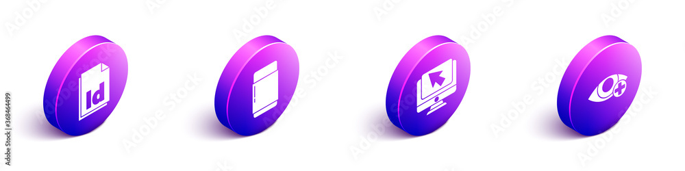 Poster set isometric id file document, eraser or rubber, computer monitor and cursor and red eye effect ico