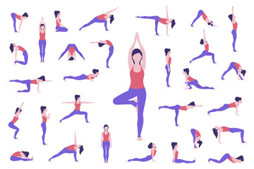 Set of yoga poses. Woman doing asanas. Vector