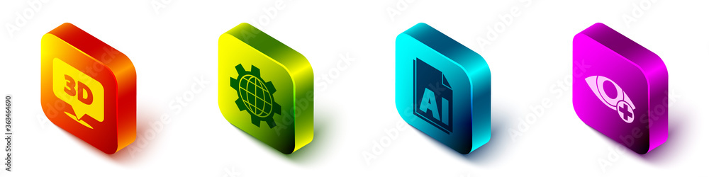 Poster set isometric speech bubble with text 3d, globe of the earth and gear, ai file document and red eye 
