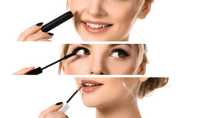 collage of beautiful woman applying lip gloss, concealer and mascara isolated on white