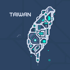 Abstract futuristic map of Taiwan. Mechanical circuit of the country. Technology space background.