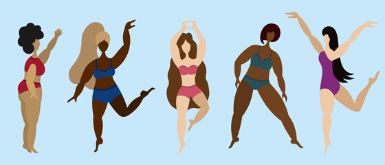 Girls of different skin colors and ethnicity. Body positive. Women dance and play sports. Collection of vector illustrations. Isolated blue background. Flat style. Lady of various sizes and ages. Love