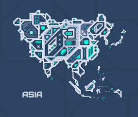 Abstract futuristic map of Asia. Mechanical circuit of the region. Technology space background.