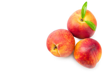 peach fruits with green leaf isolated on white background. top view