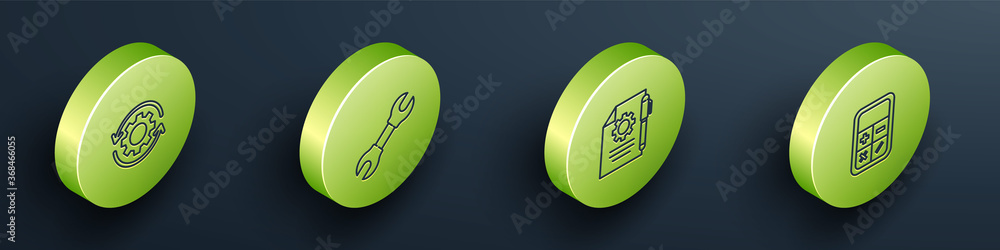 Poster set isometric gear and arrows as workflow, wrench spanner, document settings pen and calculator icon