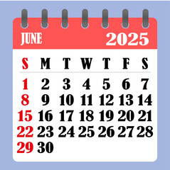 Letter calendar for June 2025. The week begins on Sunday. Time, planning and schedule concept. Flat design. Removable calendar for the month. Vector