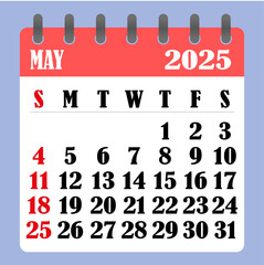 Letter calendar for May 2025. The week begins on Sunday. Time, planning and schedule concept. Flat design. Removable calendar for the month. Vector
