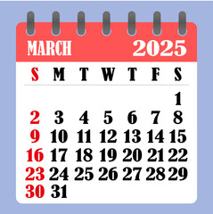 Letter calendar for March 2025. The week begins on Sunday. Time, planning and schedule concept. Flat design. Removable calendar for the month. Vector