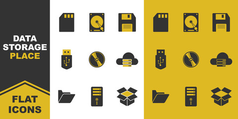collection of data storage place flat icons. micro card, hard disk, floppy, flash disk, CD, cloud, folder, PC. Vector illustration.