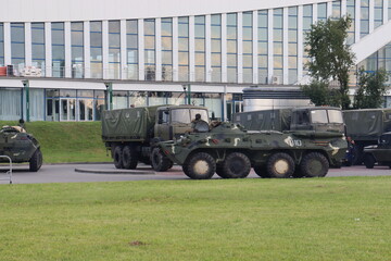 military trucks motion before parade