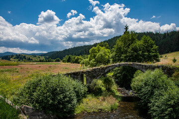 An old bridge in the middle of fields and a mountain with trees in the background. Blue sky with white clouds.