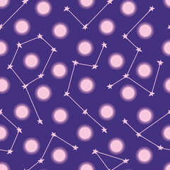 Moons, ans stars constellations seamless vector pattern. Cosmic surface print design for fabrics, stationery. wrapping paper, scrapbook, and packaging.