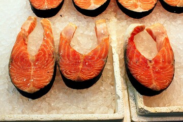 Pieces of salmon at fish market in the center of Athens in Greece.