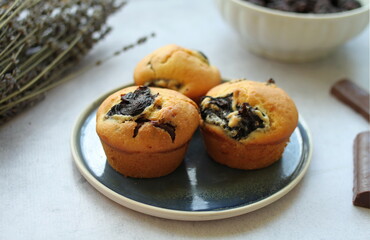 Muffins with prunes and chocolate served on a ceramic plate. Dessert with prunes.
