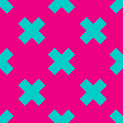 Fototapeta na wymiar Geometric texture, seamless pattern. Azure crosses or X letters on bright pink background. Pattern for wrapping paper. Fabric or textile pattern.