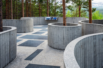 Concrete platform viewpoint Sohlbergplassen in Norway overlooking Rondane national park.