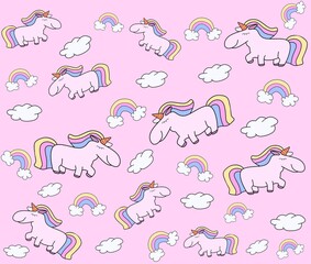 Seamless pattern illustration with unicorns, rainbows and clouds for children. 
