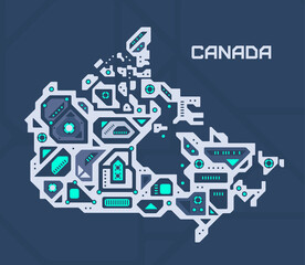 Abstract futuristic map of Canada. Mechanical circuit of the country. Technology space background.