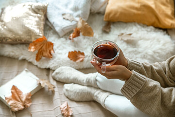 Cozy autumn at home, a woman with tea and a book.