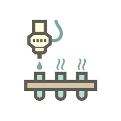 Robot pouring water drop into test tube in chemical lab processing vector icon design on white background.