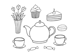 Doodle tea time collection. Teapot, cups, cakes, sweets, vase with flowers. Hand drawn set. Vector illustration. Black Lind elements isolated on white background
