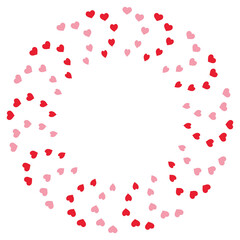 Round frame with creative red and pink hearts on white background. Vector image.