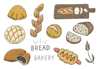 いろんなパンの手描きイラスト（カラー）