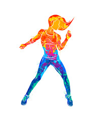 Fototapeta na wymiar Abstract fitness instructor. Young woman zumba dancer dancing fitness exercises. Hip hop dancer from splash of watercolors. Vector illustration of paints
