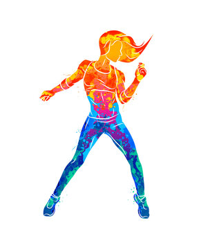 Abstract fitness instructor. Young woman zumba dancer dancing fitness exercises. Hip hop dancer from splash of watercolors. Vector illustration of paints