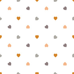 Seamless pattern with simple beige and gray hearts on white background. Vector image.