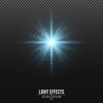 Shining Blue Star With Glitters Isolated On A Dark Transparent Background. Glowing Dust. Glittering Elements. Vector Illustration