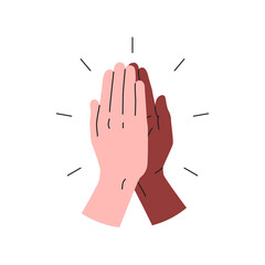 High five icon. Vector illustration of two hands giving a high five for great work. Black and white interracial hands giving high five. People team give hand slapping gesture