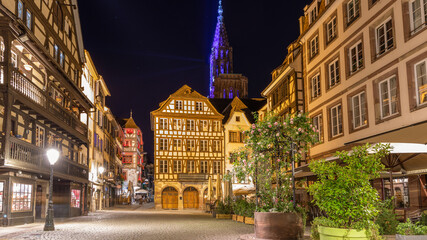 Naklejka premium Alsatian architecture at night in Strasbourg in France