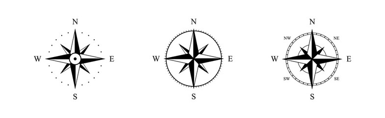 Nautical wind rose, compasses for travel map, vintage marine navigation arrow symbols, retro outline vector set. Compass travel, vintage compass. old wind rose for sea adventure vector illustration © Vitalii