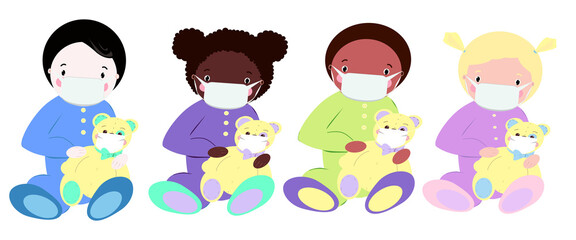 Set of children different races wearing protective medical mask . Child protection concept. Cute vector boys and girls isolated on white background.